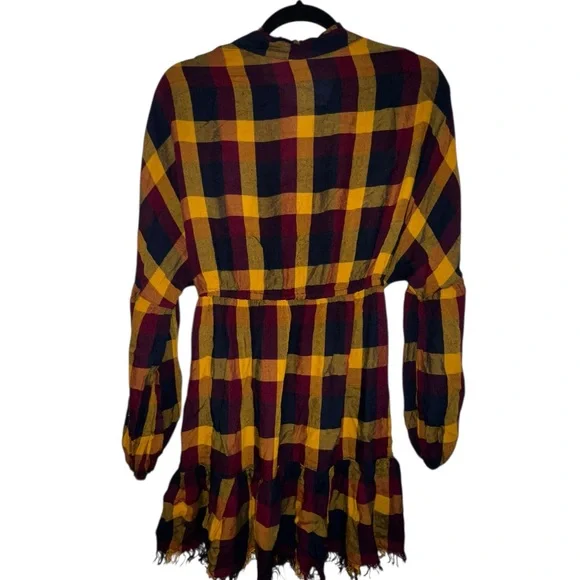 Boho Multicolored Plaid Fringe Bottom-Button Front-Mini Dress - Picture 3 of 7